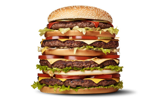 Huge hamburger or cheeseburger isolated on white background. Fast food. Fast food concept. Close-up. Restaurant advertising.