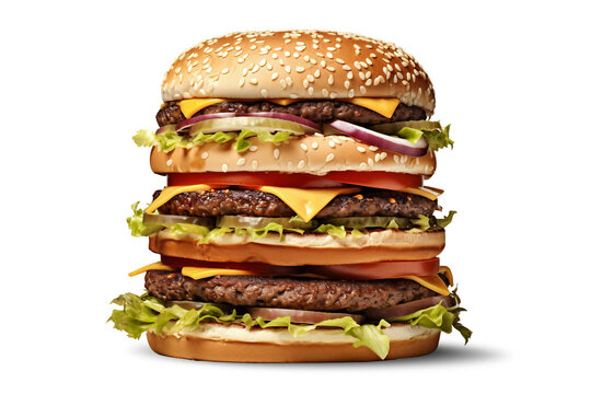 Huge hamburger or cheeseburger isolated on white background. Fast food. Fast food concept. Close-up. Restaurant advertising.