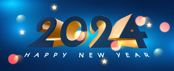 Happy New 2024 Year celebration poster template with bokeh light effect.