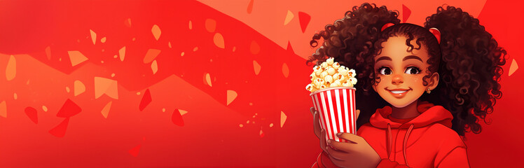 portrait cartoon smiling African American child girl eating popcorn from big cinema red striped box isolated over red background, banner excited movie copyspace