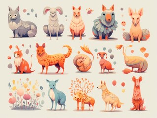 A playful cartoon illustration of a colorful group of animals, including a vibrant pig, evoking a sense of whimsy and diversity in nature