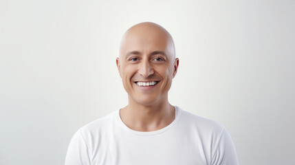 Inspirational Studio Snapshot: A Joyful Cancer Patient Radiating Positivity, Gracefully Clothed in a White T-Shirt Against a White Background.