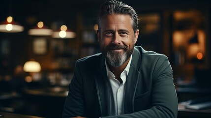 Obraz premium Portrait of handsome middle-aged man in suit looking at camera and smiling while sitting in cafe. Generative Ai.