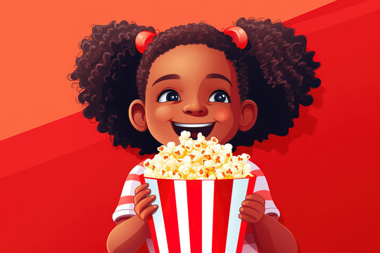 portrait cartoon smiling African American child girl eating popcorn from big cinema red striped box isolated over red background