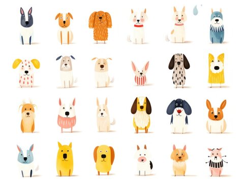 An eclectic pack of canine companions, full of animated energy and vibrant personalities, depicted in a playful and lively cartoon style