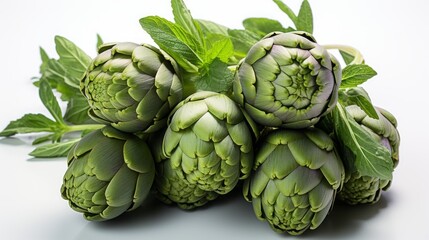 Fototapeta premium Fresh green artichokes on a white background, close-up. Generative Ai. 