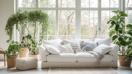 Modern living room interior with white sofa, plants, window and sunlight. Generative Ai.
