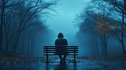 Lonely man sitting on a park bench - Blue Monday is the most depressing day of the year in January - obrazy, fototapety, plakaty
