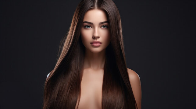 Sleek Elegance: Dazzling Model Woman Showcases Lustrous Straight Hair, Testament to Keratin Treatments and Spa Care, Embodiment of Smooth Hairstyle Perfection.