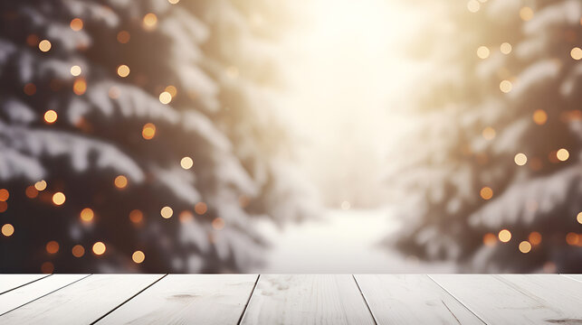 Christmas mockup with an empty wooden light tabletop, with golden lights decorating the Christmas tree, with bokeh effect. layout is an ideal platform for product presentation at Christmas