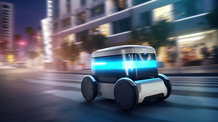 Fototapeta na wymiar Revolutionizing Deliveries: A Modern Robot Glides Through City Streets, Embarking on Autonomous, Cost-Efficient, and Green Last-Mile Missions. Dynamic Motion Captured.