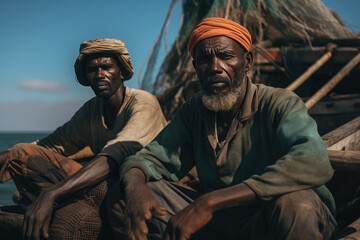 ethiopian refugees on boats in the ocean - obrazy, fototapety, plakaty