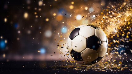 Soccer ball with falling confetti, conception of victory