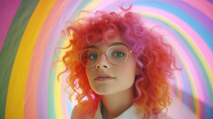 Fototapeta premium Vibrant Glimpse: Adorable Young Girl with Curly Multi-Colored Hair and Glasses, Standing Out Against a Mesmerizing Tunnel of Rainbow Hues.