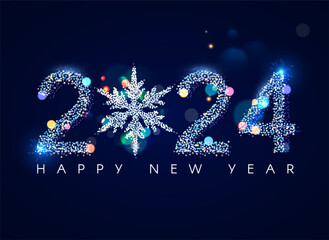 Happy New 2024 Year poster template with snowflake and bokeh light effects.