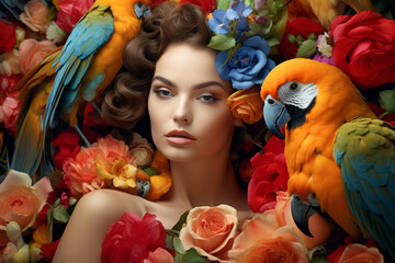 Stunning fashion woman is with colorful flowers and parrots - obrazy, fototapety, plakaty