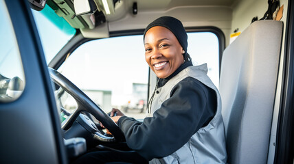 Professional african american middle aged woman truck driver in casual clothes driving truck vehicle going for a long transportation route.
