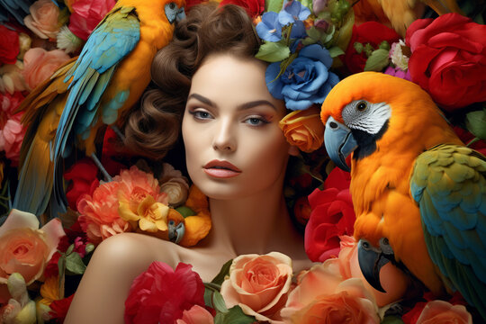 Stunning fashion woman is with colorful flowers and parrots