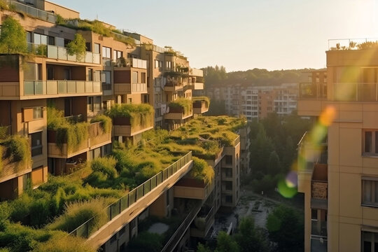 Environmental residential city district with green terraces of flats at sunlight generative ai