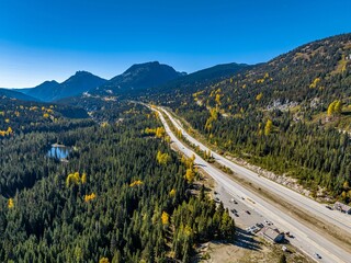 Aerial view of Coquihalla highway in British Columbia, Canada