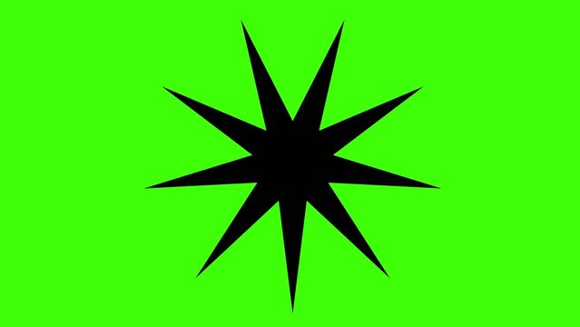 Animated black symbol of star rotates. Icon spins. Vector illustration isolated on green background.