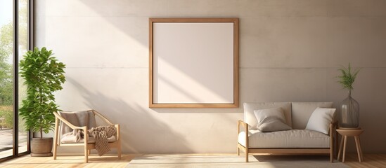illustration of a wood frame mockup in a living room with window light shadow