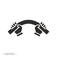 icon of pipe bend in hands, tube bending, flat symbol on white background - vector illustration