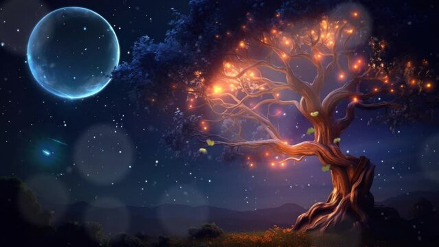fantasy beautiful tree of life in the night with beautiful moon. cartoon style. seamless looping time-lapse virtual 4k video animation background.