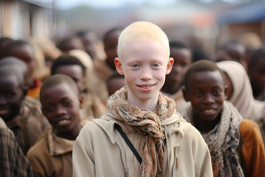 An albino boy among other African children. Genetically rare occurrence in Africa.
