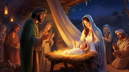 charming nativity scene cartoon illustration with holy family, wise men, and angels celebrating the birth of jesus, ideal for christmas cards and decorations, isolated on white background