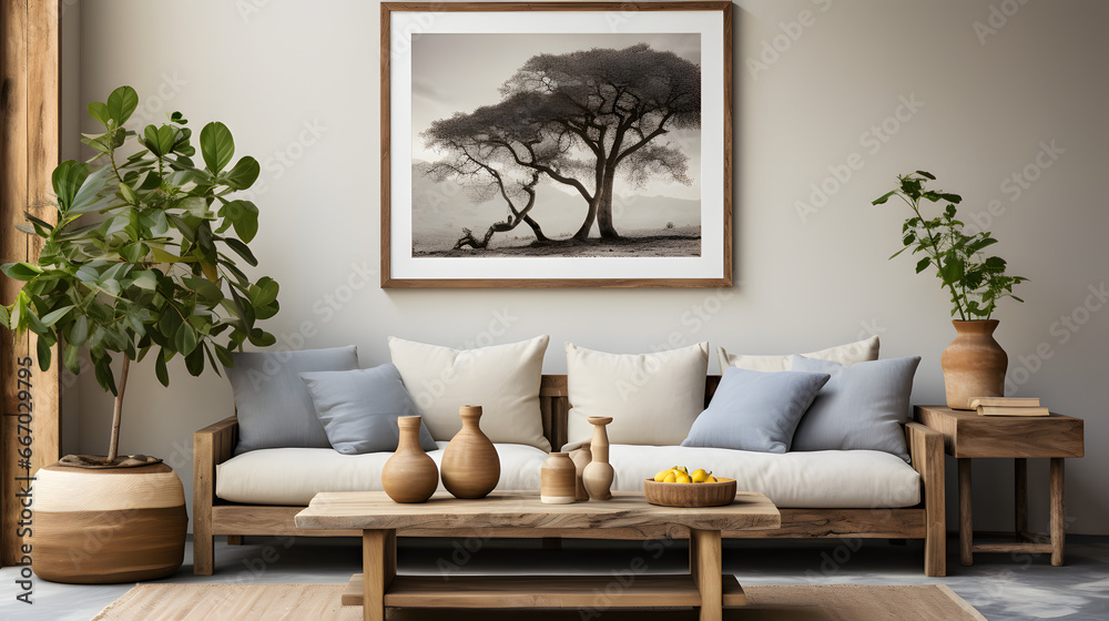 Wall mural rustic aged sofa, weathered old coffee table and houseplant in clay pots against wall with poster fr - Wall murals
