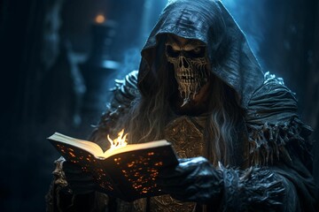 AI generated illustration of a skeleton dressed in a hooded robe in a dark holding a burning book - obrazy, fototapety, plakaty