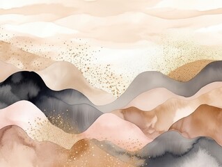 Luxury abstract watercolor landscape psychedelic illustration. Gold pastel mystery futuristic digital painting for interior design, fashion textile, luxury wallpaper
