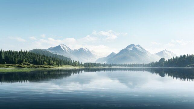  a lake surrounded by trees and mountains with a blue sky.  generative ai