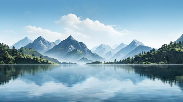  a painting of a mountain lake surrounded by trees and mountains.  generative ai
