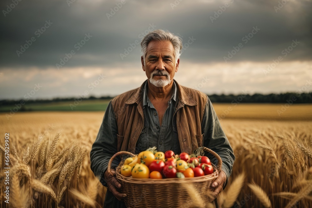 Poster a handsome elderly gray-haired man farmer stands in a yellow grain field with a basket of fruits and