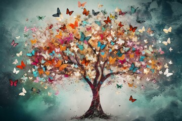 Obraz na płótnie Canvas Image of colorful artwork featuring blossoming tree adorned with butterflies. Generative AI