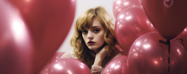 Sad looking young woman among heart shaped balloons