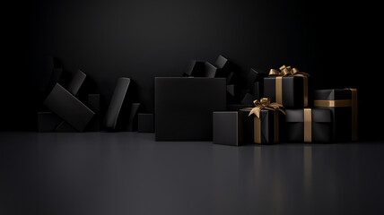 Black Friday, Regalos negros con lazos negros y dorados sobre fondo negro