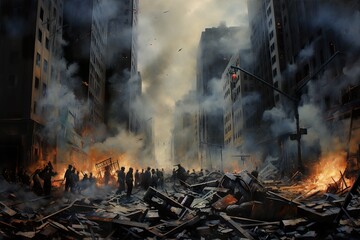 cityscape crumbles as a financial district high-rise topples, symbolic of an economic collapse, with panicked people fleeing the destruction amidst falling debris and billowing smoke - obrazy, fototapety, plakaty