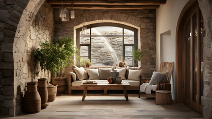 Rustic boho interior design of modern entrance hall with arched doorway. Stone cladding wall and timber beam ceiling in country house hallway