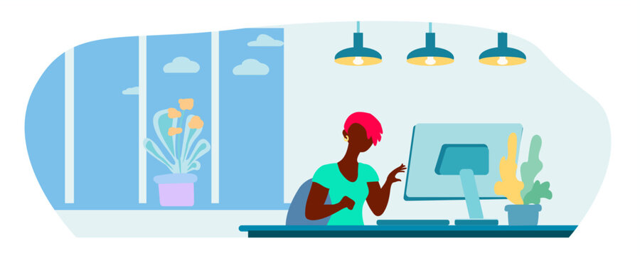 Girl working on computer, webinar, office, cartoon flat vector illustration