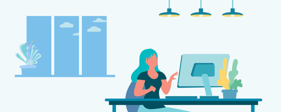 Woman at computer, webinar, freelancing, cartoon vector illustration