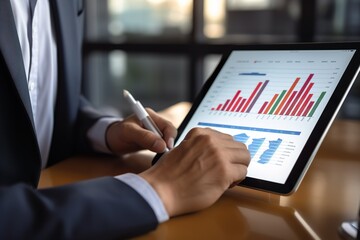 close-up businessman hand using a digital tablet to analyze charts of sales data in an office setting, sales analysis, business intelligence, performance evaluation,