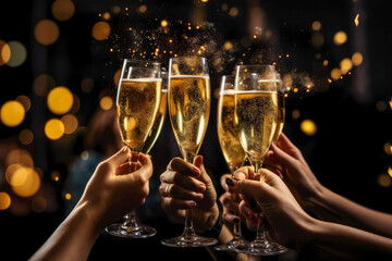 People in new year festive attire, toasting with champagne