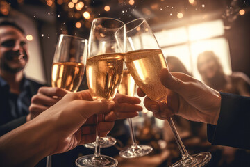 People in new year festive attire, toasting with champagne