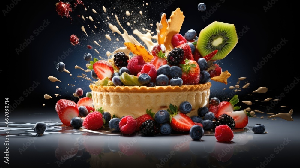 Canvas Prints  a fruit tart with a splash of fruit on top of it.  generative ai