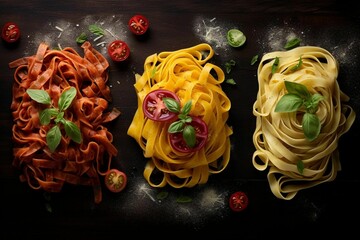Variety of cooked pasta on a table with fresh tomatoes, basil leaves, AI-generated. - obrazy, fototapety, plakaty