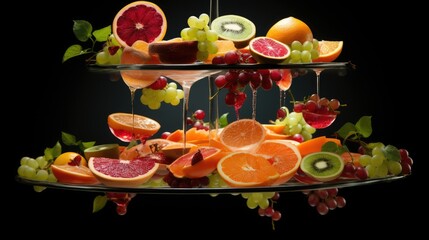  a three tiered tray of fruit with grapes, oranges, kiwis, and grapefruits.  generative ai