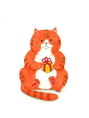Cute red cat with a gift. Fat tabby cat.